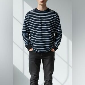 Vans Men's Black,Blue And White Striped Long Sleeve Shirt Size Small Casual Y2k